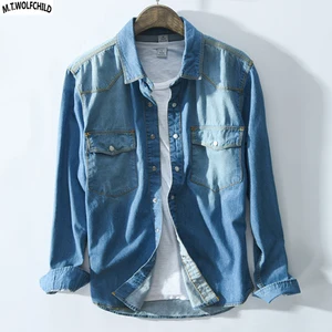 Модные весенние мужские джинсовые рубашки с длинным рукавом, винтажные повседневные мужские рубашки с отворотом из 100% хлопка, мужские рубашки на осень