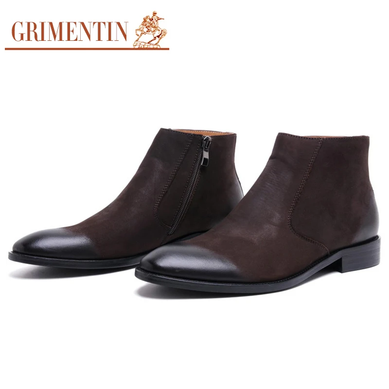 GRIMENTIN/брендовые зимние модные мужские ботильоны из натуральной кожи цвет черный