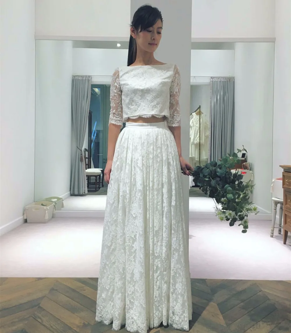 2017 Продвижение Кружева Половина Рукава Лодка Шеи Две Пьесы Свадебное Платье vestido