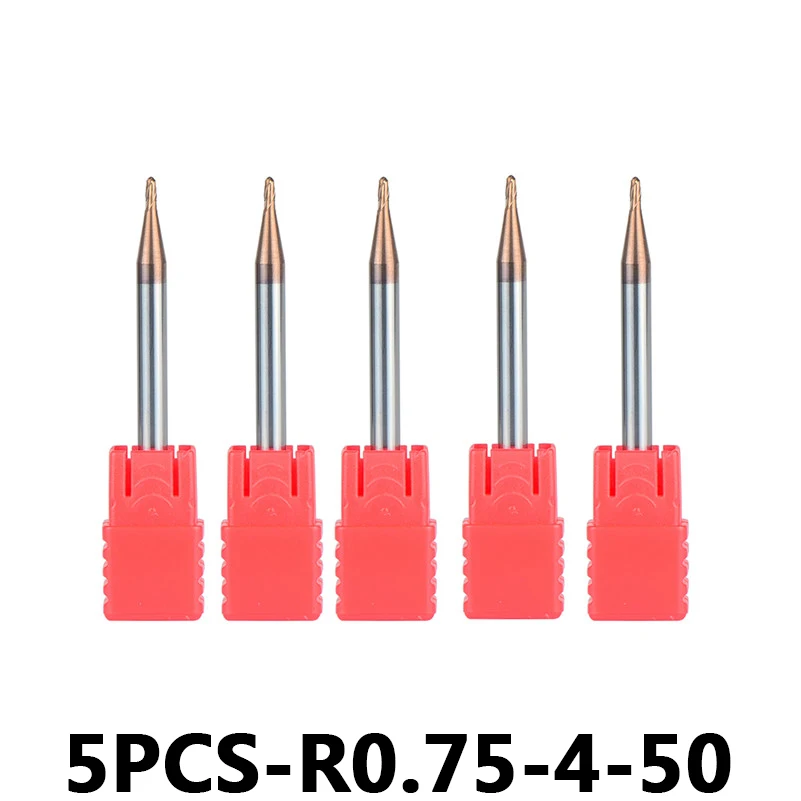 

5pcs/lot R0.75-4-50 Tungsten Steel Ball Nose End Mills HRC55 With Straight Shank 2-Flute Ball Head Milling Cutters Router Bits