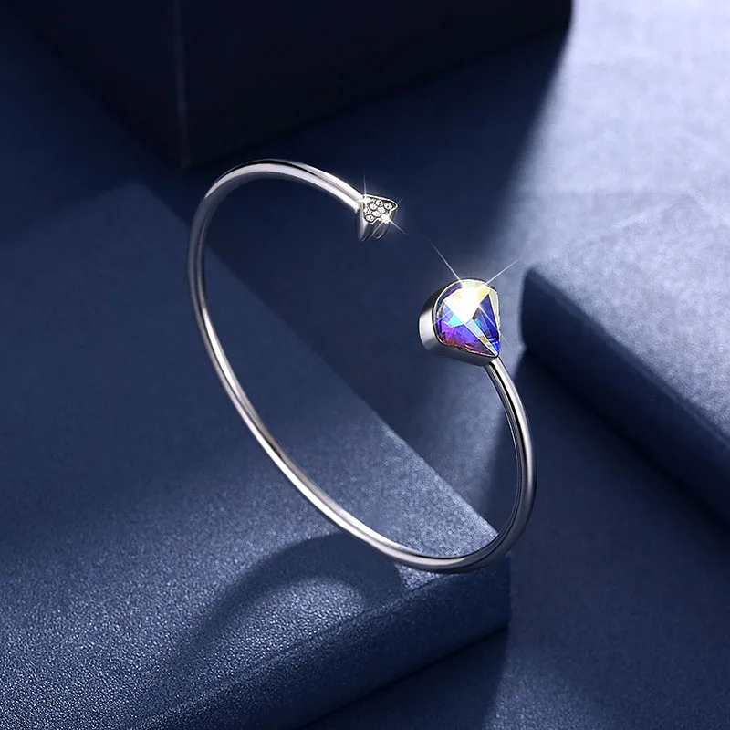 925 Sterling Silver Bangle With Crystal From Swarovski Open Bracelet For Women Adjustable Size Fine Jewelry Wedding Fashion Gift | Украшения