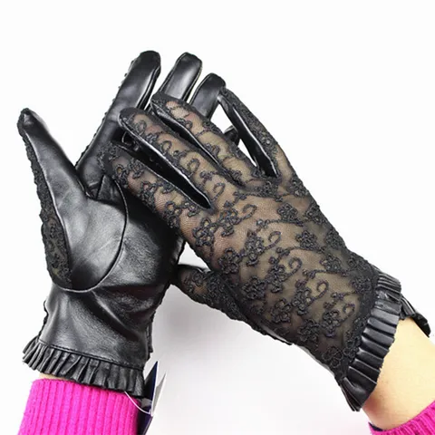 Летние женские кожаные перчатки для вождения, тонкие модные кружевные однослойные перчатки из овечьей кожи для сенсорных экранов, без подкладки, перчатки для вождения автомобиля