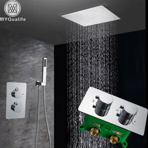 Хромированный смеситель для душа, термостатический настенный кран с двойной ручкой и клапаном