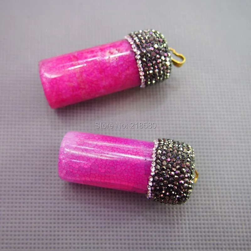 

MU150907859 Pave CZ Clear and Gunblack Rhinestone Hot Pink Dragon Agates Pendant Clylinder Stone Pendant