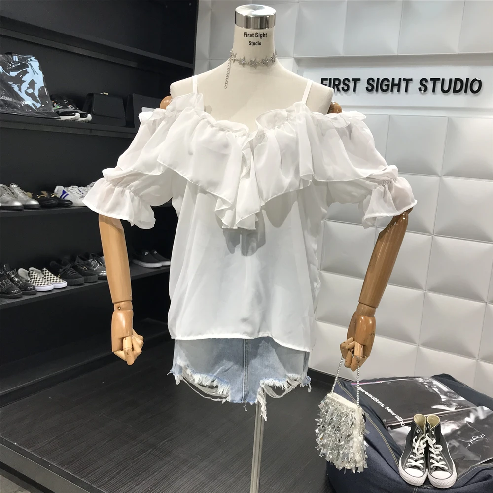 Женская шифоновая блузка ALPHALMODA с оборками и открытыми плечами рукавом до локтя