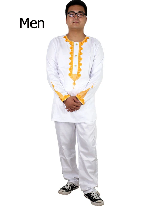 men white Африканская детская одежда Базен Риш Дашики мужская одежда в африканском стиле Южная Африка рубашка брюки 2 шт костюмы комплект для родителей - Цвет: men white