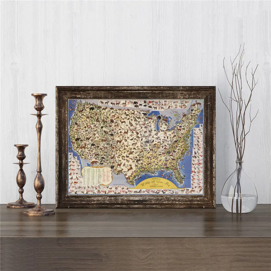 Antique Map of the United States Various Animals Detailed Introduction Canvas Drawing Print Wall Art Sticker School Home Decor | Дом и сад