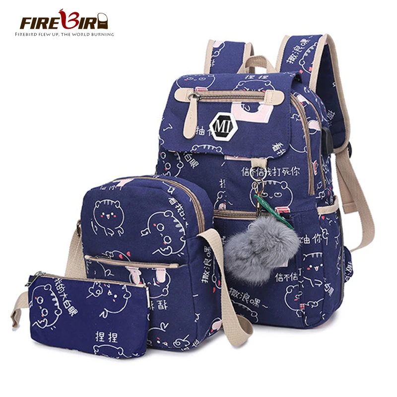 3 Pcs/Set Cute Girls Cartoon Printing USB Charging Canvas Backpack Small bag+High School Students laptop Backpacks Bagpack FN812 | Багаж и