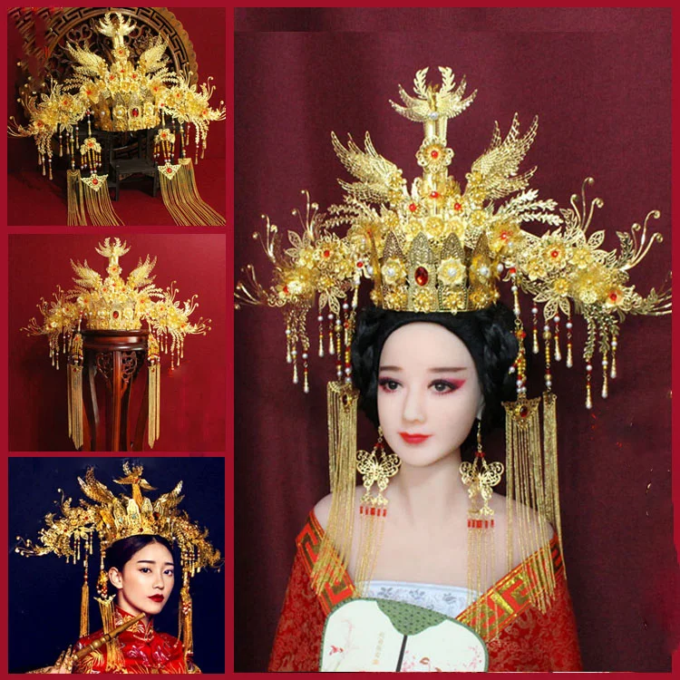 Красная Золотая тиара Феникс Принцесса волосы императрицы традиционная