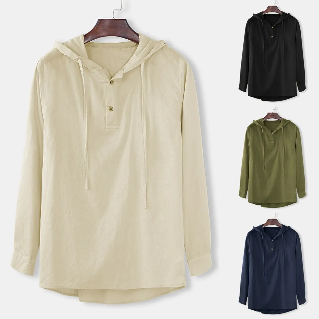 

M-3XL Men's Baggy Cotton Linen Solid Button Plus Size Long Sleeve Hooded Shirts Tops Men Clothing Soft Comfortable Men's Shirt