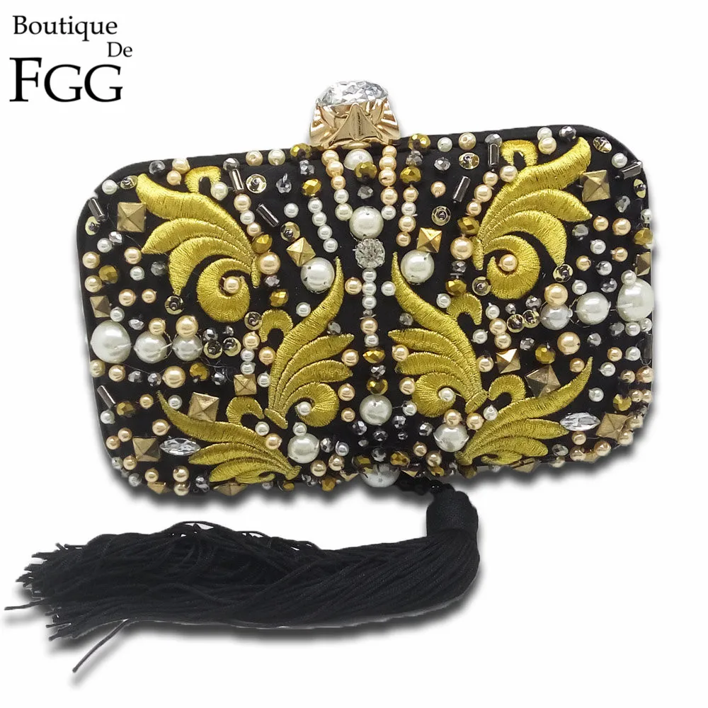 Известная марка бисера заклепки вышивка кисточкой женский черный атлас вечерние