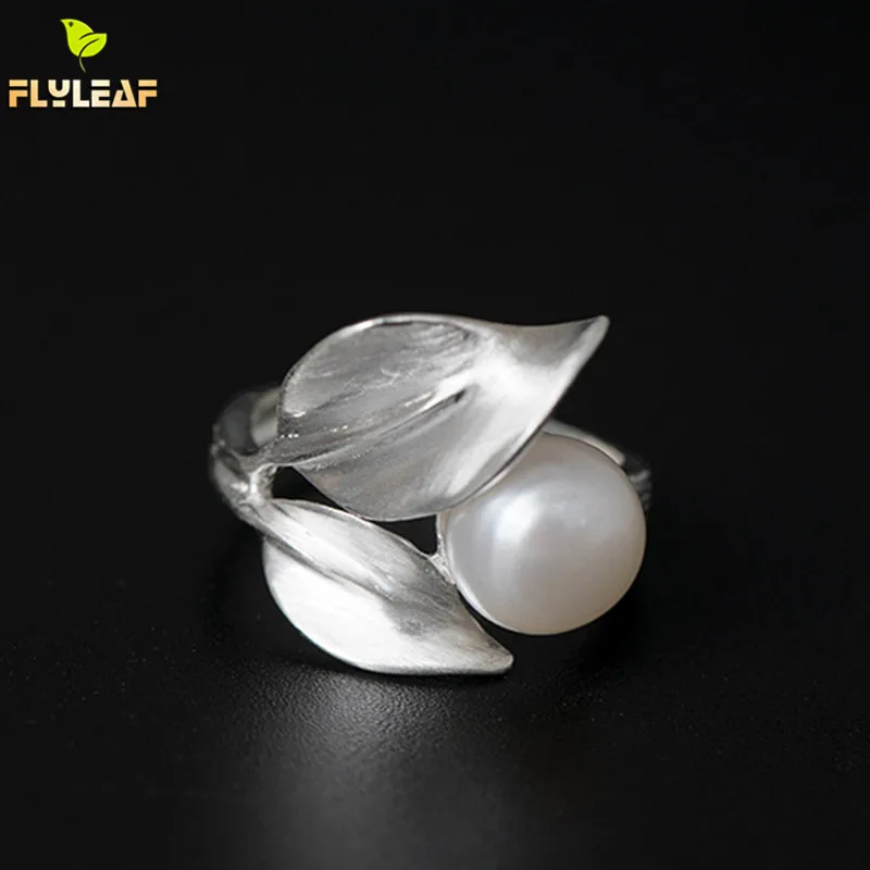 

Flyleaf Freshwater Pearls 925 Sterling Silver Natural Beads Leaves Open Rings For Women High Quality Lady Banquet Party Jewelry