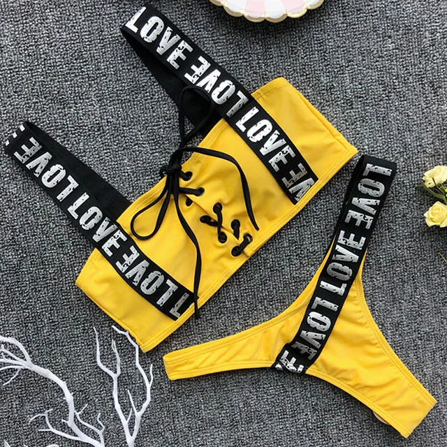 B659Yellow Сексуальный комплект бикини с буквенным принтом, бандо, купальник,, одежда для плавания, женские бикини, бразильский женский бикини, пуш-ап, пляжная одежда, купальные костюмы - Цвет: B659Yellow