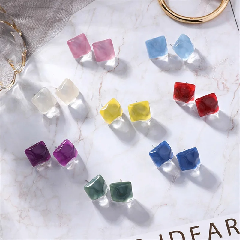 2019 Korean water ripple square geometric resin stud earrings candy color irregular acrylic for women summer jewelry | Украшения и