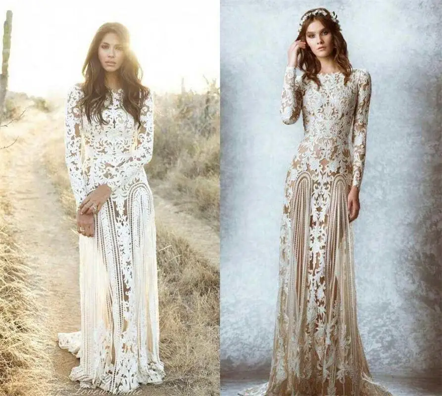 

Elegant Scoop Lace A-Line Wedding Dress Regular Long Sleeves Floor-Length Wedding Gown Natural Waistline Outside Wedding Vestido