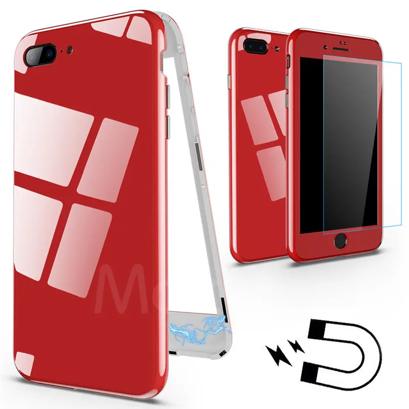 Red MaxGear Магнитный адсорбционный чехол на 360 градусов для iPhone X, 8 PLUS, 7, 6, 6S Plus, Магнитный чехол из закаленного стекла для IPhone 7, 8, полное покрытие - Цвет: Red