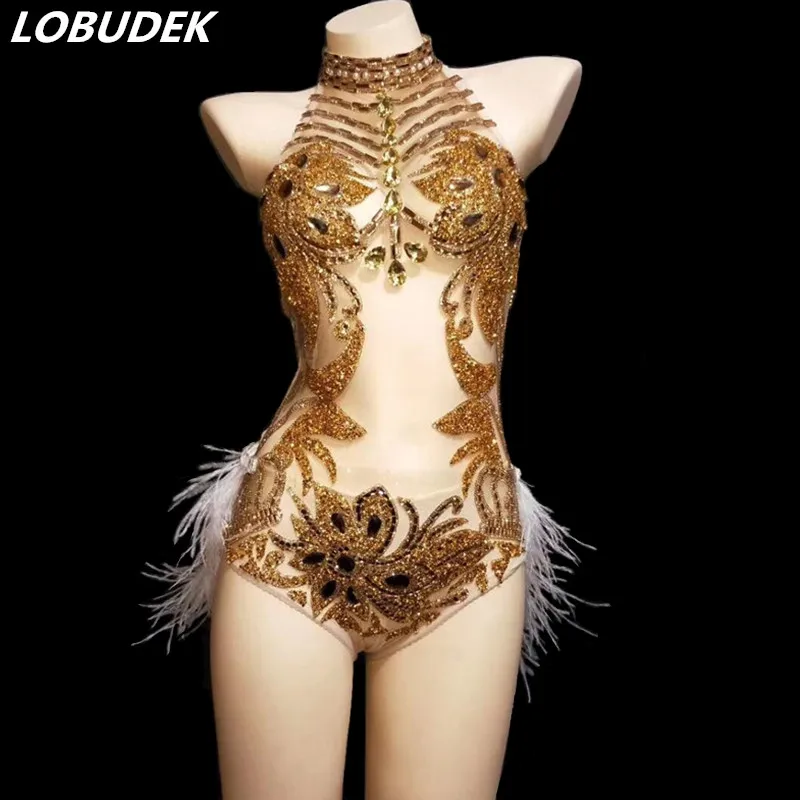 Sexy Backless Gold Rhinestones Feathers Bodysuit Sleeveless See-through Halter Catsuits Nightclub DJ Lady Team Dance Costume