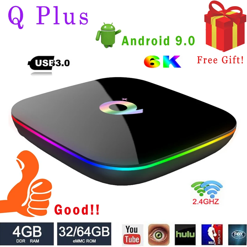 Q плюс Смарт ТВ коробке 6 K Android 9 0 Box 4 Гб Оперативная память 64 GB 32 ядра H.265 2 ГГц USB3.0