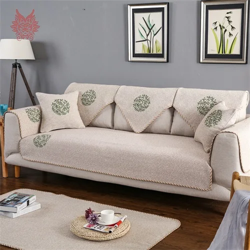 Пасторальный Серый Бежевый Зеленый секционные Чехлы Листья Вышивка Хлопковый чехол для дивана канапе мебель чехлы SP4306 - Цвет: Beige per pic