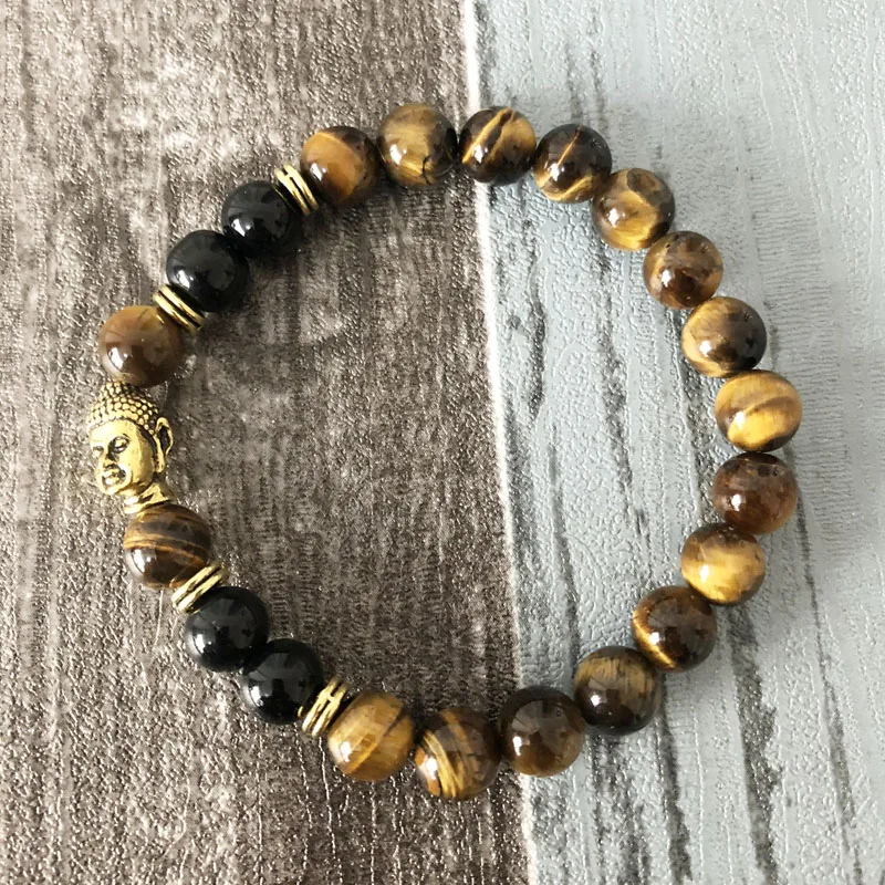 8 мм золото Будда голова бисером мужской браслет черный оникс и тигровый глаз натуральный камень мала Ювелирные изделия человек браслет Будды