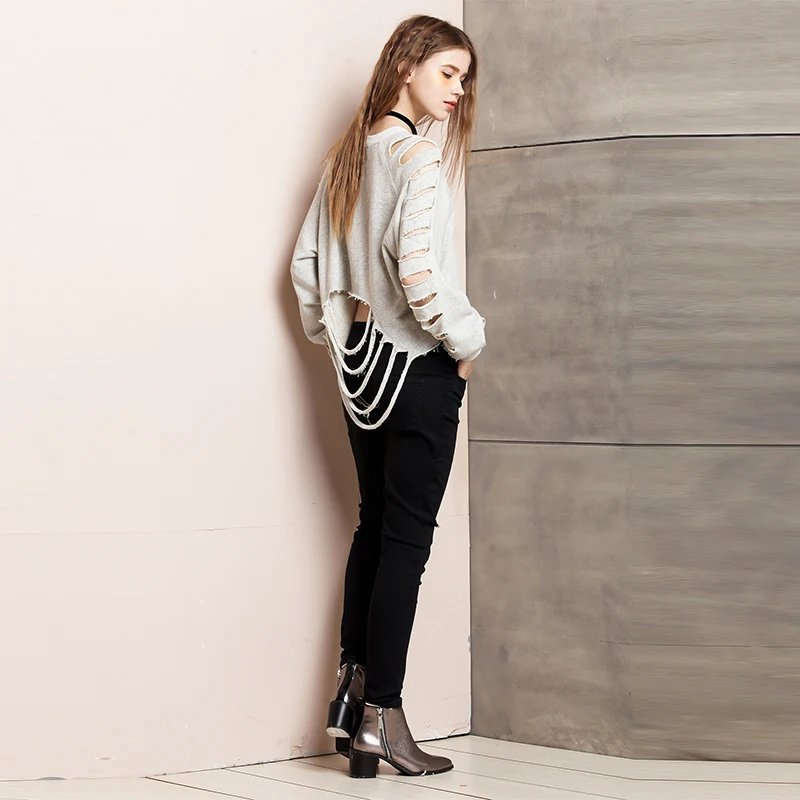 Sugar High Streetwear Autumn Hole Knitted Sweatshirts Women Long Sleeve Short Pullover Casual Jumper Pull Femme Crop SW0252 | Женская