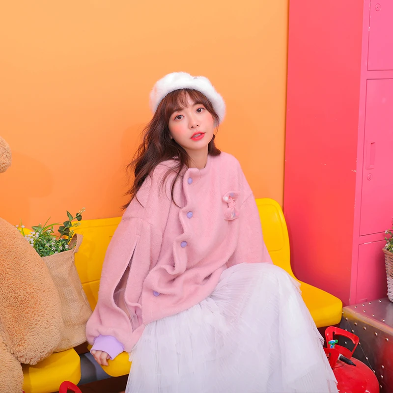 

Princess sweet lolita sweater Spring Sweet Academy wind net yarn Lantern Sleeve button fold asymmetric hem Pink sweater VC242