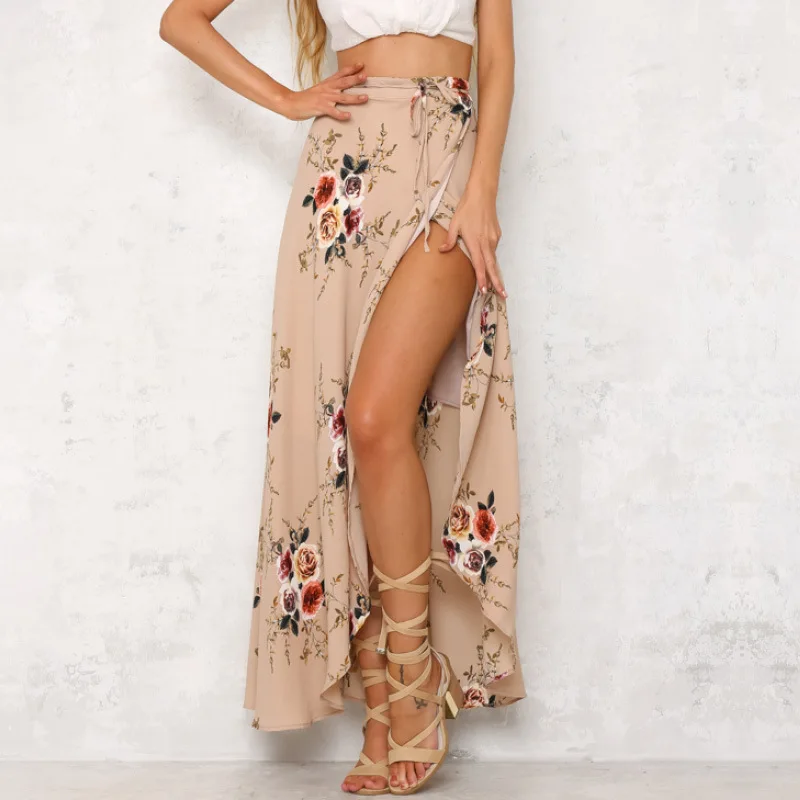 Summer Ruffle Bohemian Skirt Floral Printed Asymmetrical Midi Skirts Womens Sexy Wrap Women Beach Bodycon | Женская одежда