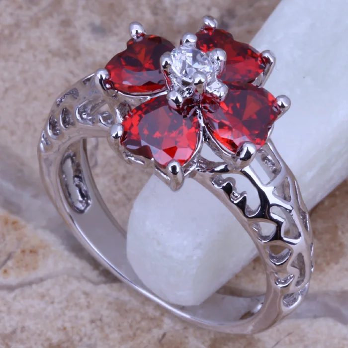 Цветок красный гранат Белый CZ посеребренное кольцо Размер 6/7/8 D891 | Украшения и