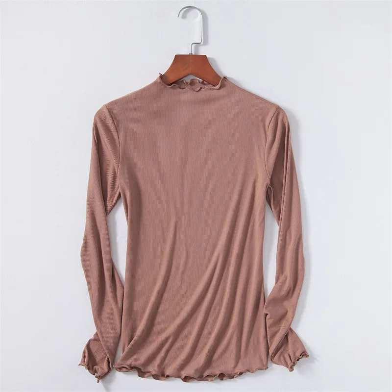

Autumn New Female Seamless Rib Thread Free Cutting Long Sleeve T Shirt Solid Ruffles Slim Basic Shirt Top Women