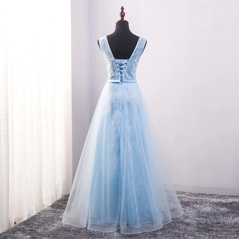 SSYFashion длинное вечернее платье невесты светло голубое кружевное цветочное v