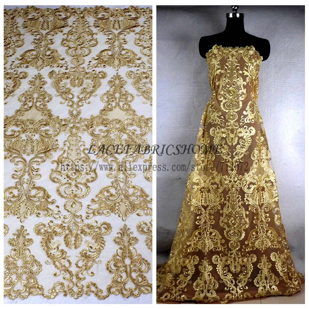 

La Belleza 1 yard Gold cord sequins brand evening/wedding dress lace fabric wine/black/off white/deep blue cord brides lace