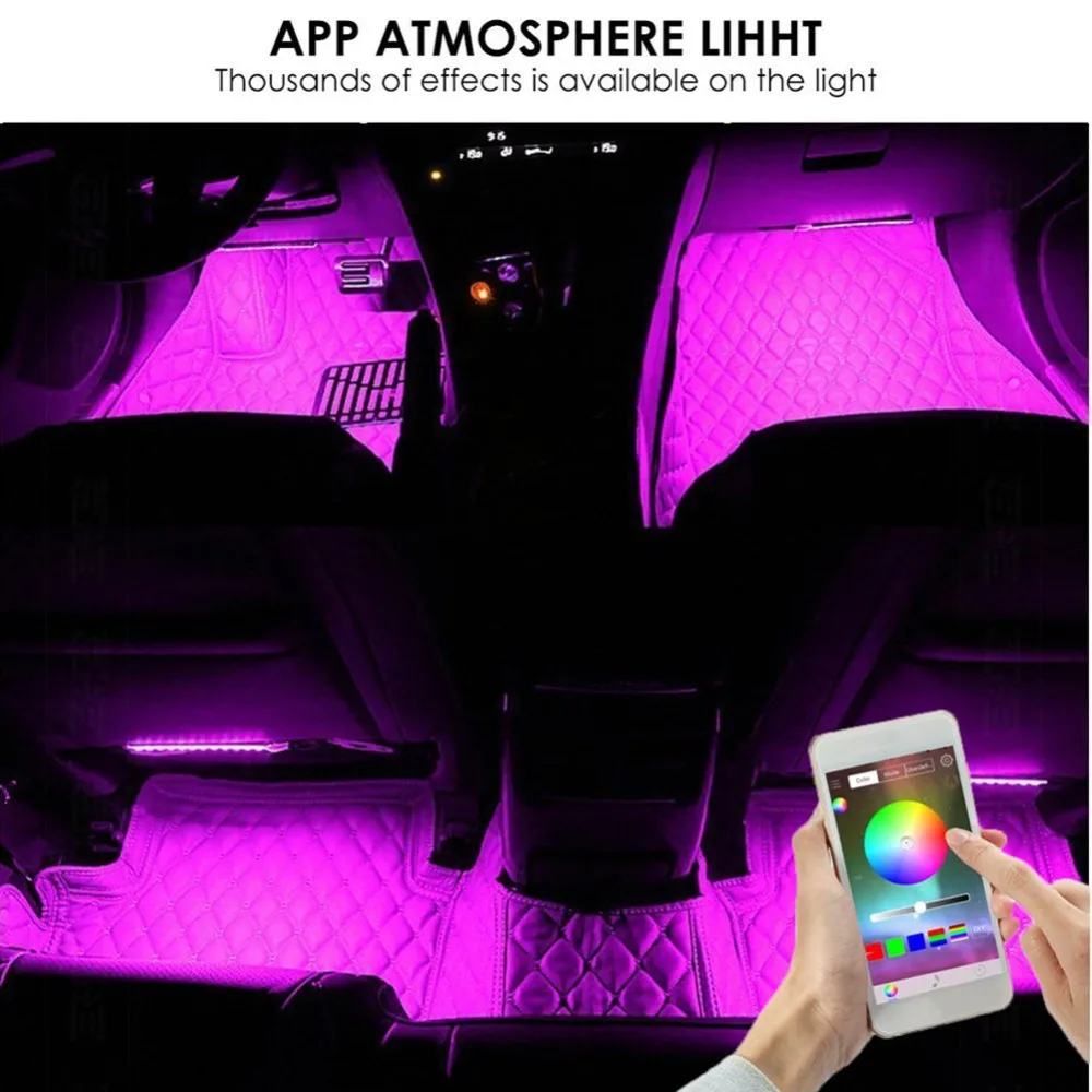 Автомобильный светодиодный светильник s, Aukora Bluetooth App контроллер, внутреннее освещение для автомобиля 48 Светодиодный s Многоцветный музыкальный автомобильный светильник