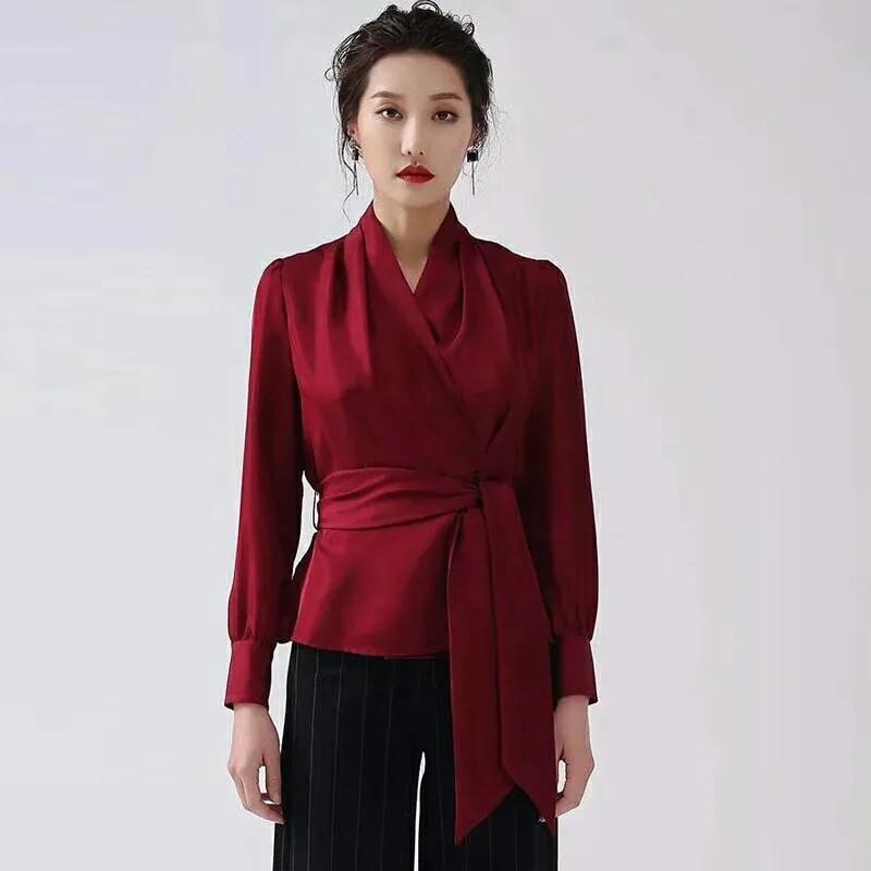 ALPHALMODA женские модные атласные блузки с v-образным вырезом и поясом, женские элегантные атласные рубашки с длинными рукавами