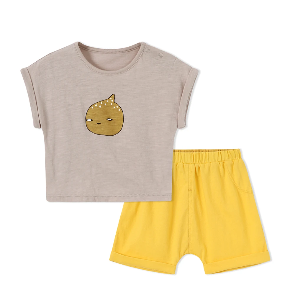 Balabala Babys 2-Piece Short Sleeve Open Shoulder T-shirt in Print + Pull-on Shorts Set Infant Newborn Baby Girls Boys Outfit |