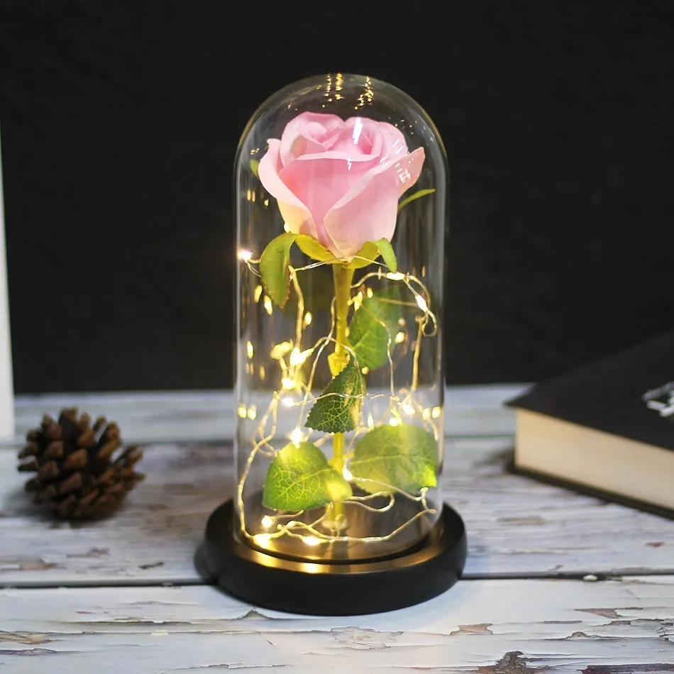 pink Black base Красота и красный зверь искусственные розовые цветы со светодиодной подсветкой творческие подарки на день Святого Валентина рождественский подарок домашний декор - Цвет: pink Black base