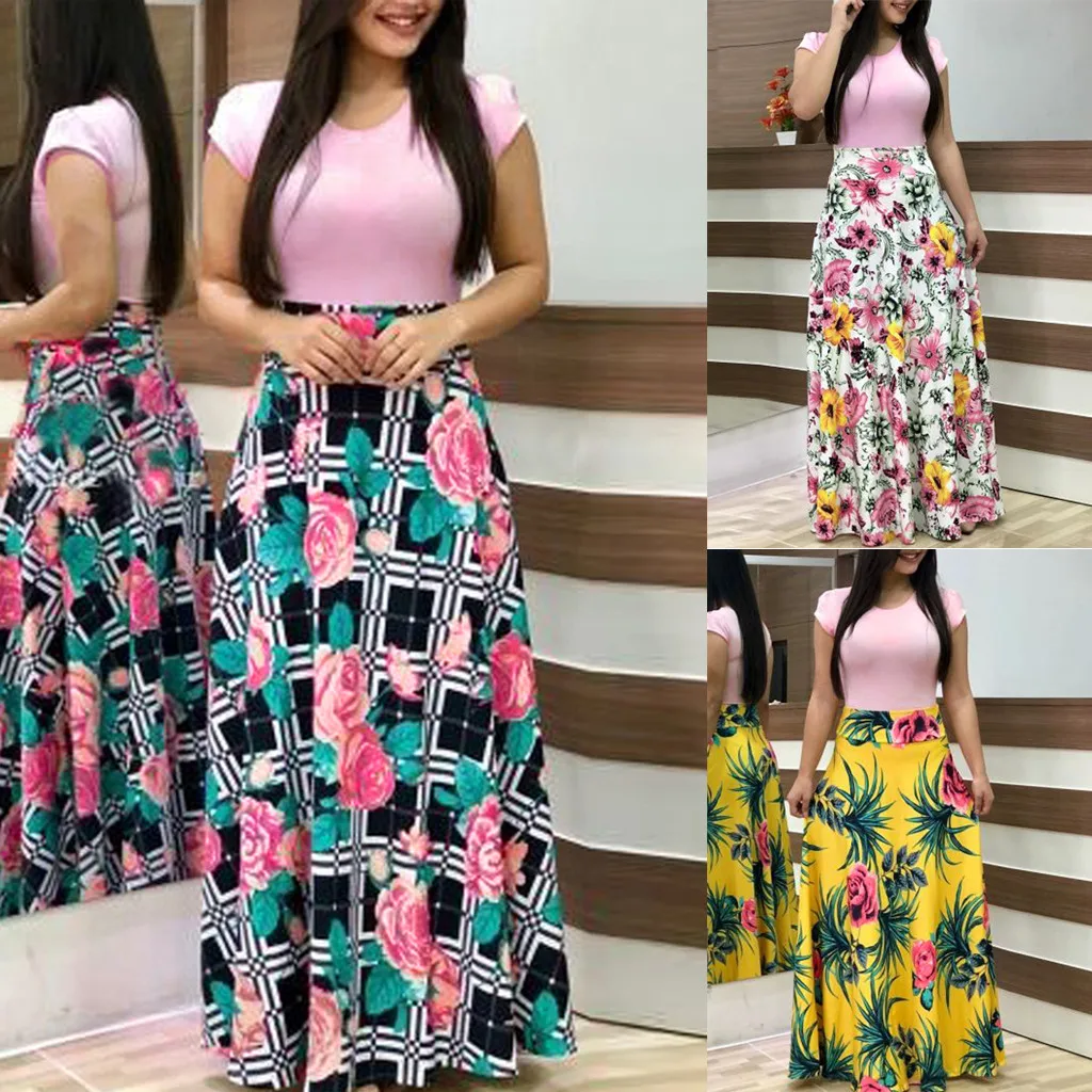 Платье женское летнее из полиэстера с коротким рукавом и круглым вырезом|Женские