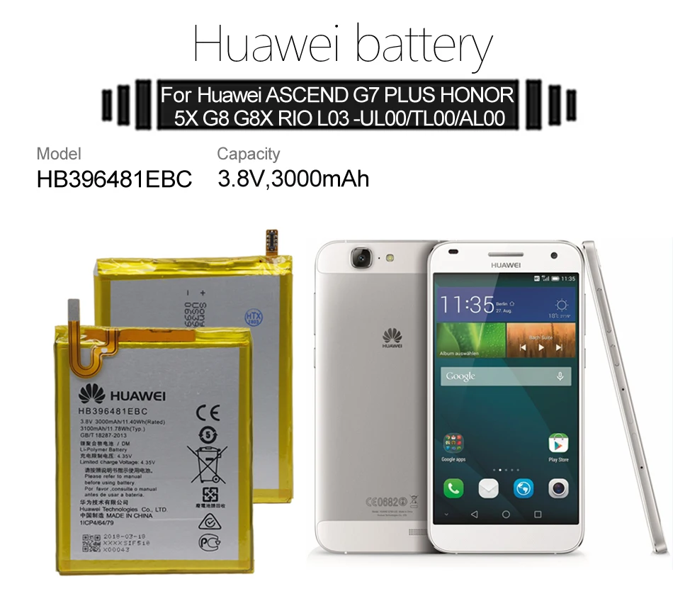 Hua Wei сменный аккумулятор для телефона HB396481EBC для huawei Ascend G7 Plus/G8/G8X/Honor 5A/5X/Maimang 4 3000 мАч
