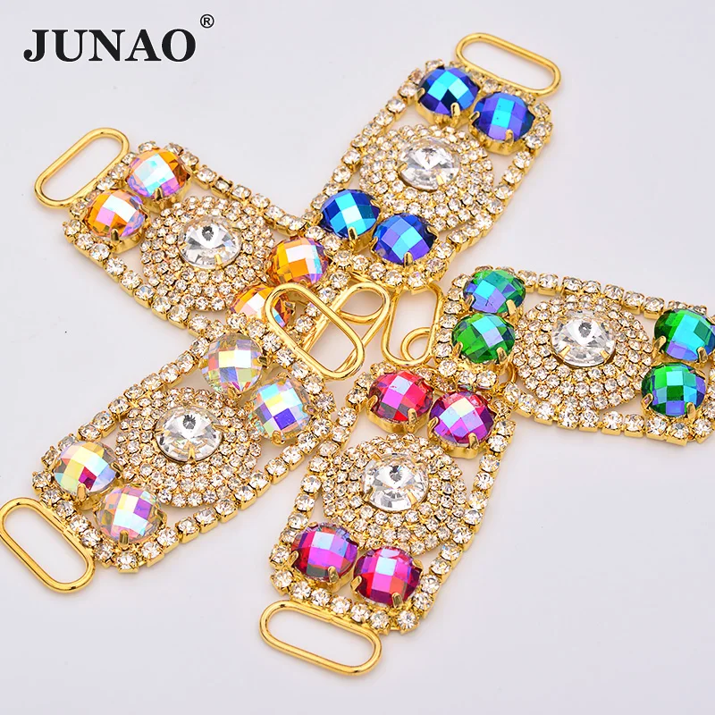

JUNAO 2pc 28*63mm Sewing Blue AB Glass Crystal Rhinestones Bikini Connector Gold Metal Claw Crystal Stones Dress Applique Crafts