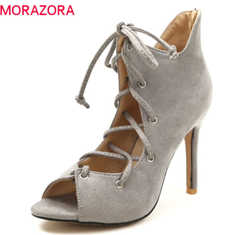 MORAZORA 2018 new style boots women top quality flock summer shoes sexy peep toe cross tied party wedding high heels shoe | Обувь