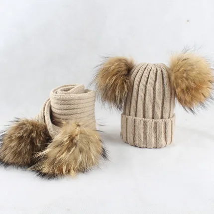 beige hat scarf set 4 предмета, шапка с помпоном, шарф, детская зимняя шапочка, зимняя шапка для мальчиков и девочек, детские шапки с помпонами из натурального меха, детская трикотажная шапка и шарф - Цвет: beige hat scarf set