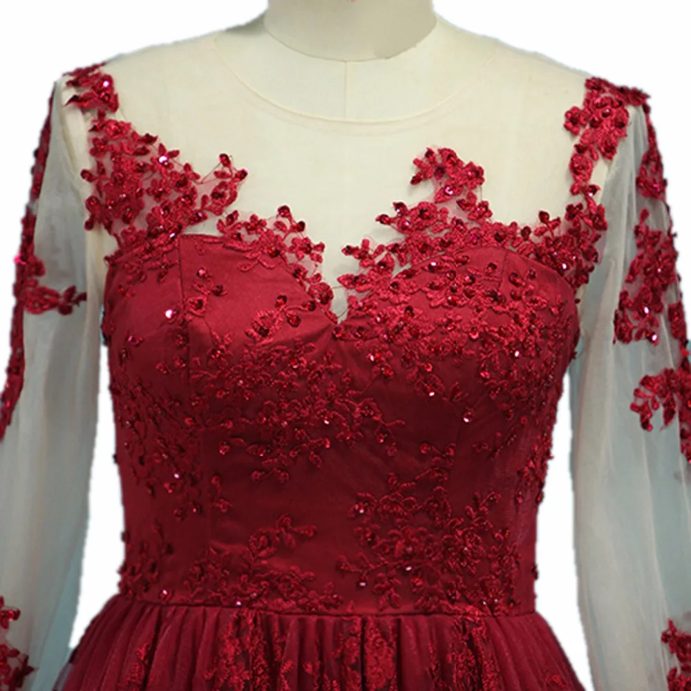 Анти бордовое кружевное вечернее платье с длинным рукавом vestido de festa бусины А-силуэта платье с аппликацией de Soiree Формальное вечернее Вечерние