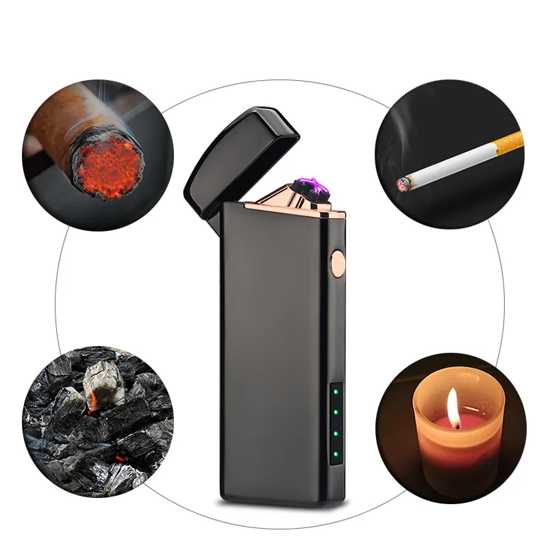 USB металлические ветрозащитные сигареты табачный дым зажигалки перезаряжаемые двойной дуги плазменный импульсный индикатор батареи Зажигалка мужской подарок