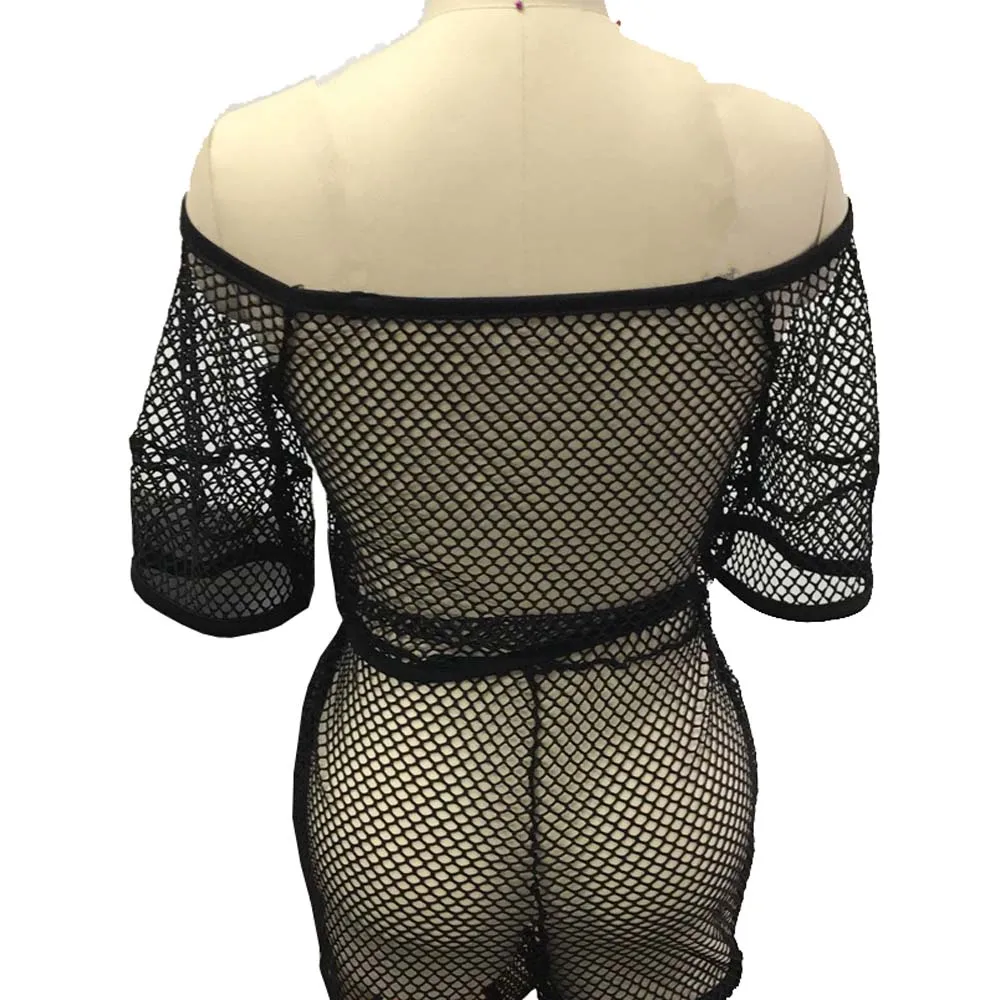 Пикантные сетчатые Playsuit Для женщин выдалбливают короткий рукав комбинезон боди