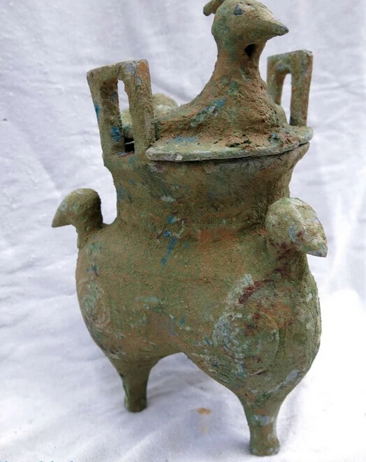 Китайский Старый Бронзовый резной четырехптичий ручной кальдрон красивый