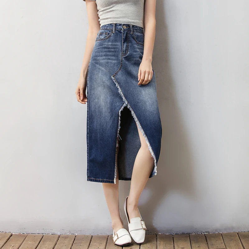 2018 новые летние Стиль Для женщин модные средней длины нерегулярные джинсовая