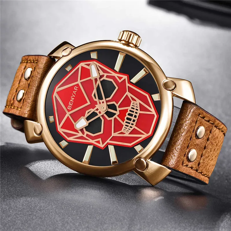 Мужские часы benyar мужские водонепроницаемые из натуральной кожи с черепом