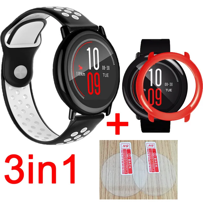 black white-red 3в1 Huami Amazfit Stratos pace ремешок Смарт часы силиконовые полосы браслет ремень для xiaomi Huami Amazfit стекло Защита экрана - Цвет: black white-red