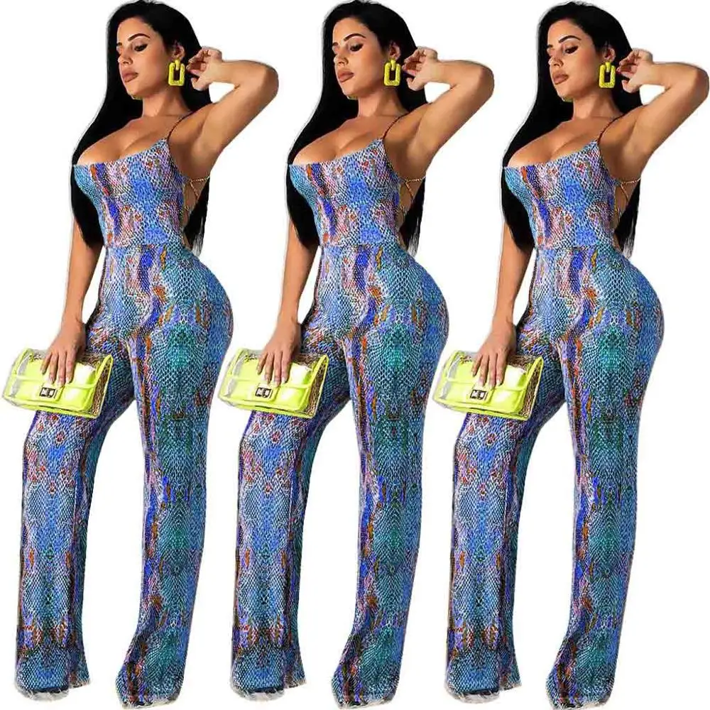 Blue jumpsuit Echoine змеиный принт спагетти комбинезон на бретелях повязки спинки боди длинные широкие брюки плюс размер Комбинезоны и ползунки для женщин - Цвет: Blue jumpsuit
