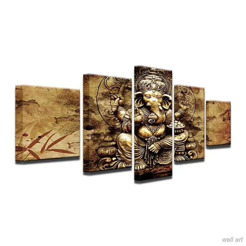 Modern Hd Printed Canvas Posters Home Decor 5 Pieces India Ganesha Paintings Framed Wall Art Elephant Trunk God Pictures | Дом и сад