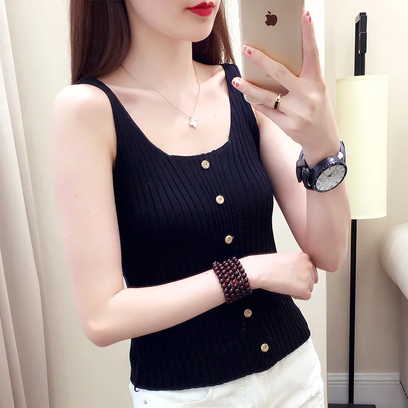 2019 New single-row knitted ice silk waistcoat with straight stripes 16-10986 | Женская одежда